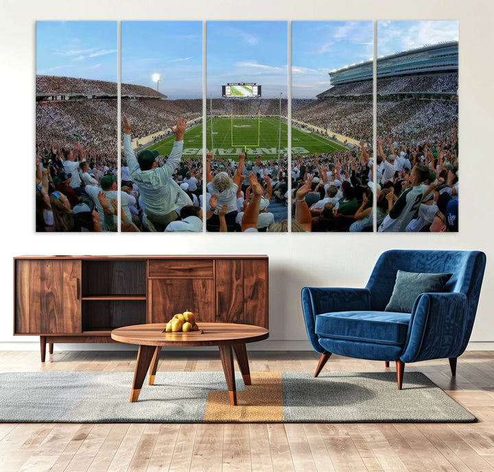 The Michigan State Spartans Football Team Print vividly captures the lively atmosphere of East Lansing's Spartan Stadium, presented as a stunning canvas print with a gallery-quality finish.