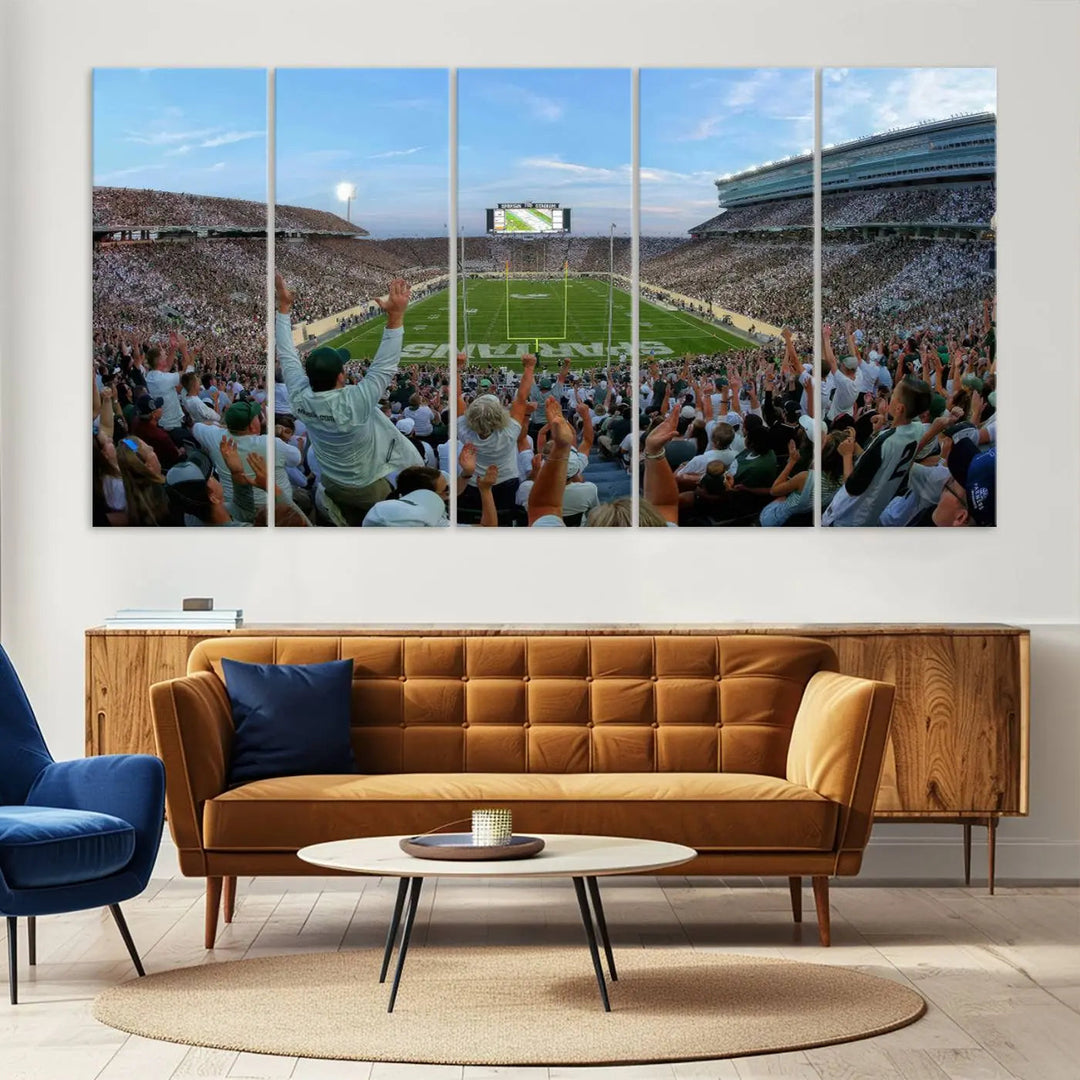 The Michigan State Spartans Football Team Print vividly captures the lively atmosphere of East Lansing's Spartan Stadium, presented as a stunning canvas print with a gallery-quality finish.