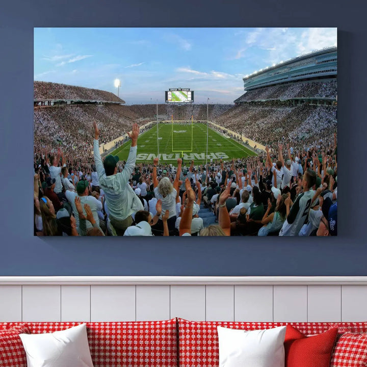 The Michigan State Spartans Football Team Print vividly captures the lively atmosphere of East Lansing's Spartan Stadium, presented as a stunning canvas print with a gallery-quality finish.