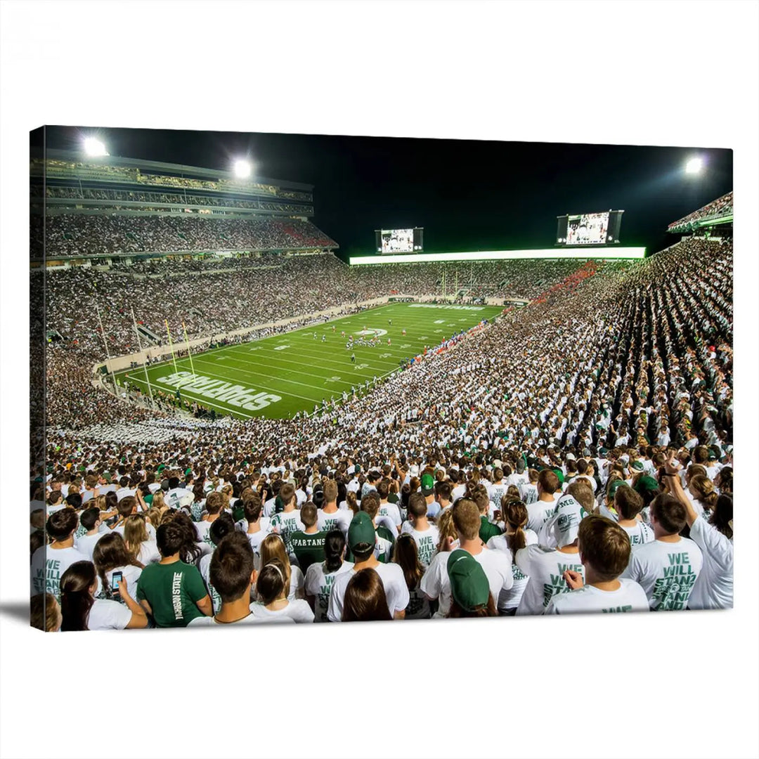 Above the dining table, a gallery-quality Michigan State Spartans Football Team Print on premium canvas is displayed, featuring a panoramic view of East Lansing's Spartan Stadium.