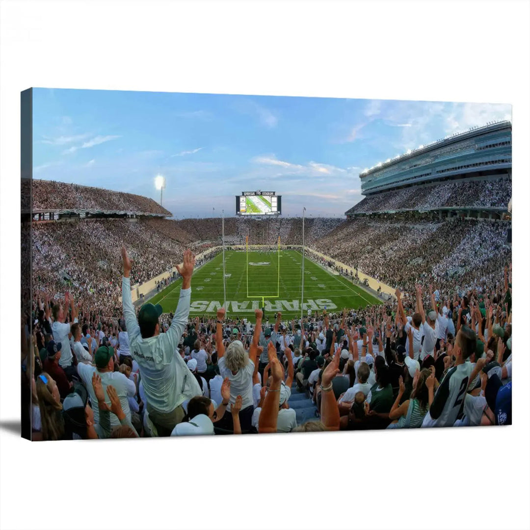 The Michigan State Spartans Football Team Print vividly captures the lively atmosphere of East Lansing's Spartan Stadium, presented as a stunning canvas print with a gallery-quality finish.