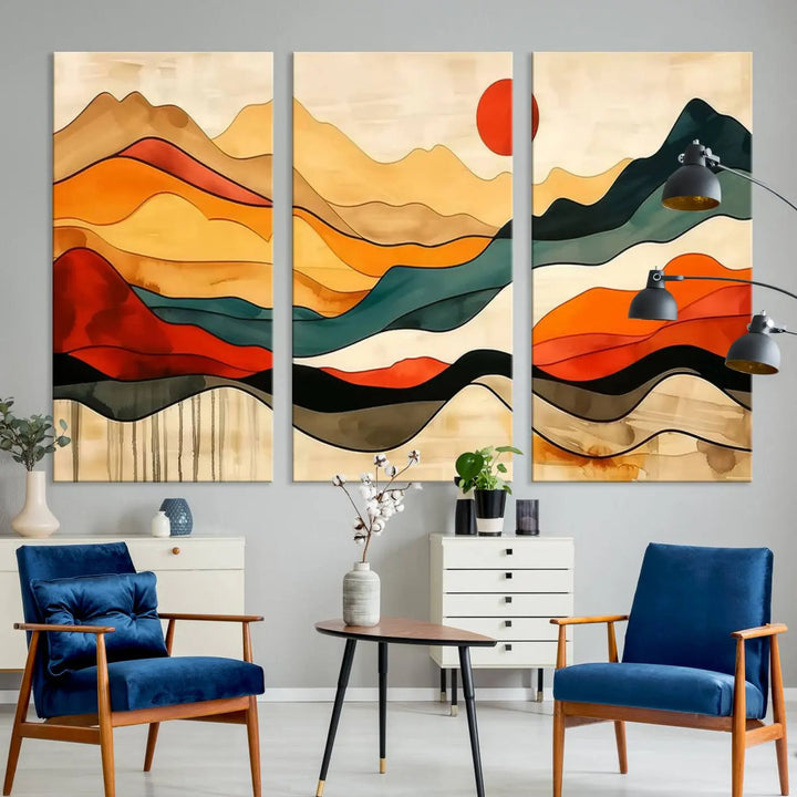 Abstract Mountain Wall Art Triptych with a Red Sun, ideal for a Mid-Century style space.