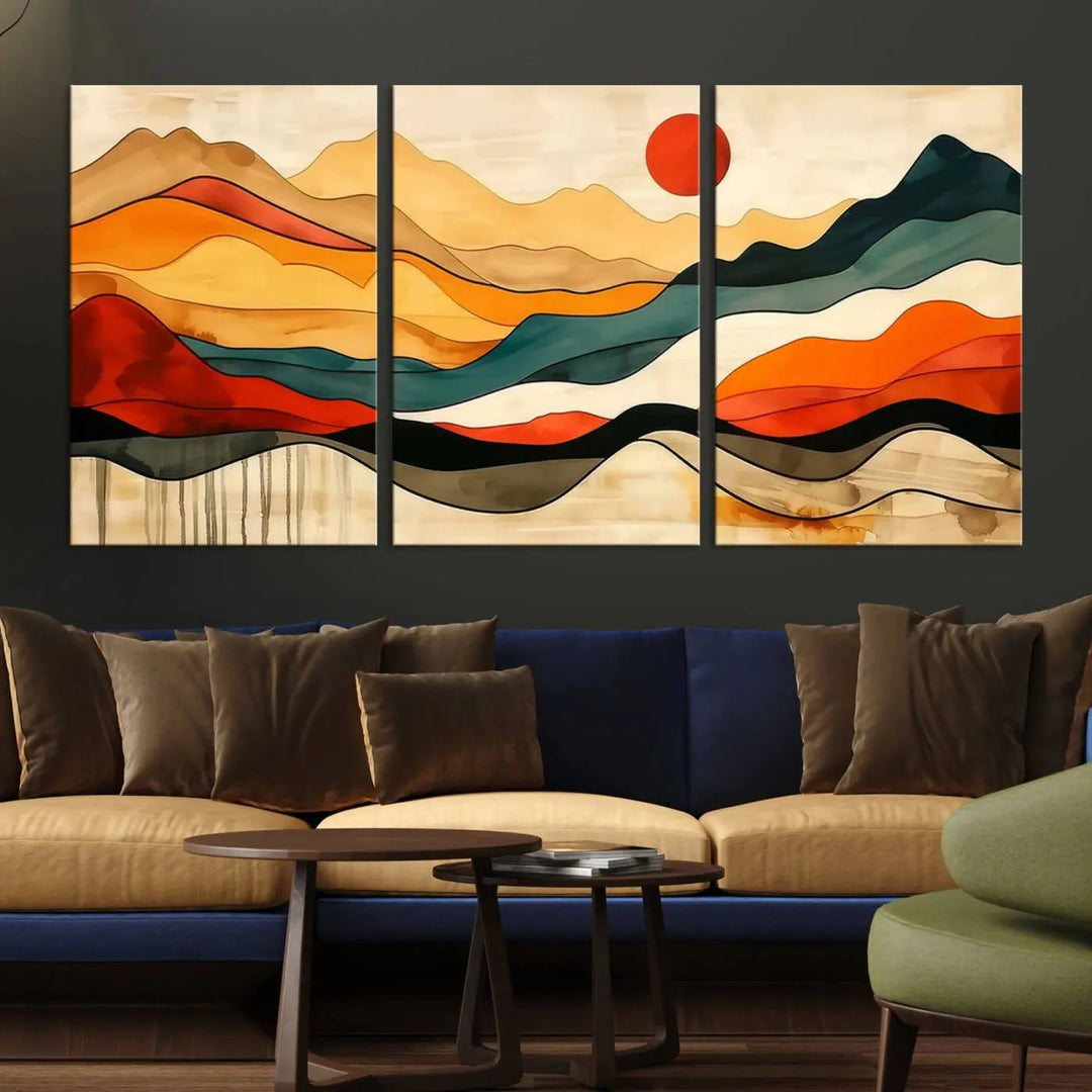 Abstract Mountain Wall Art Triptych with a Red Sun, ideal for a Mid-Century style space.