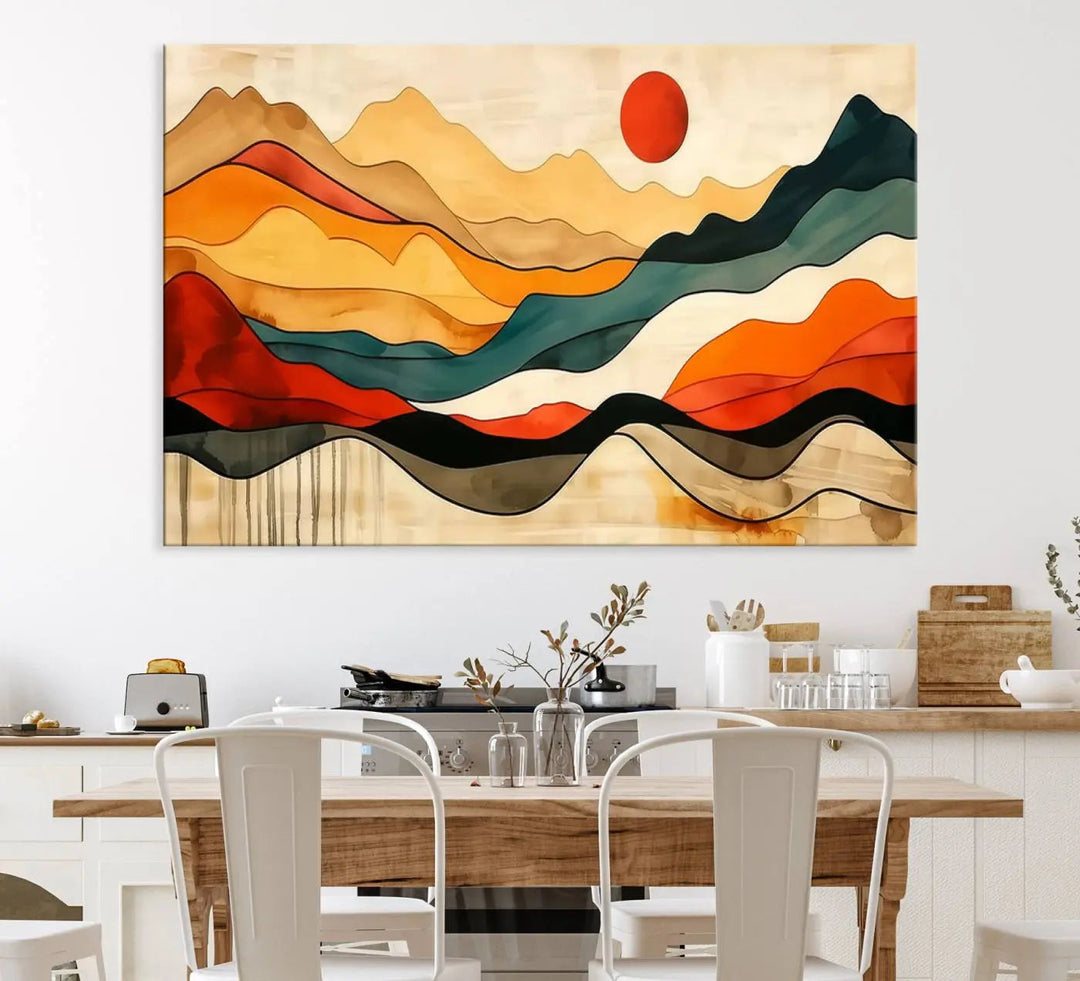 Abstract Mountain Wall Art Triptych with a Red Sun, ideal for a Mid-Century style space.