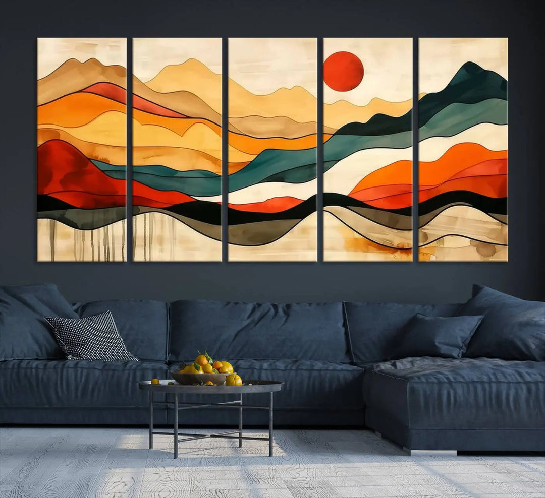 Abstract Mountain Wall Art Triptych with a Red Sun, ideal for a Mid-Century style space.