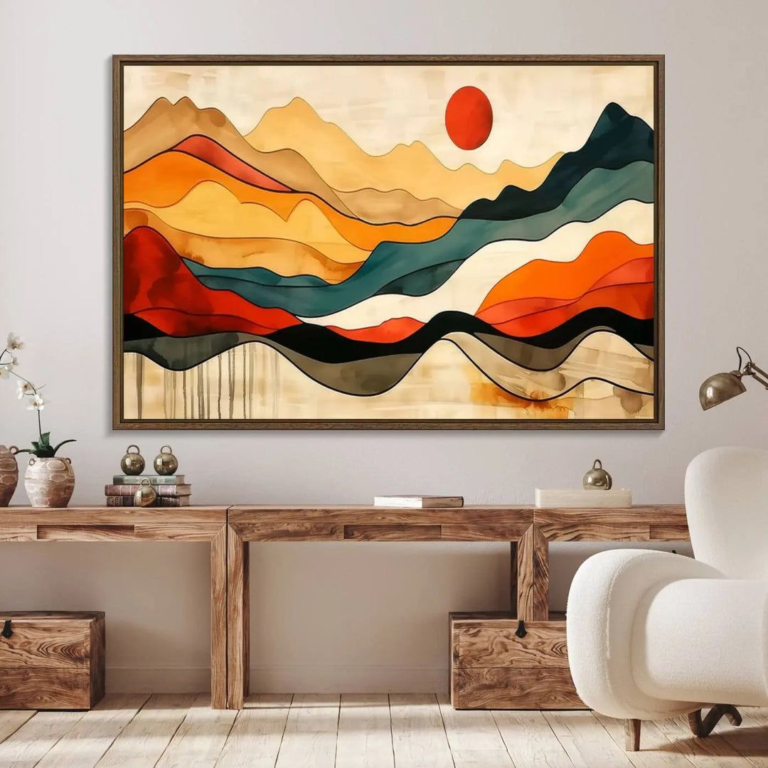 Abstract Mountain Wall Art Triptych with a Red Sun, ideal for a Mid-Century style space.