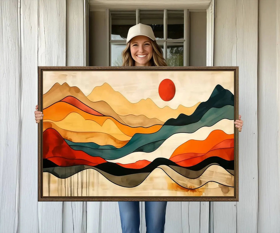 Abstract Mountain Wall Art Triptych with a Red Sun, ideal for a Mid-Century style space.