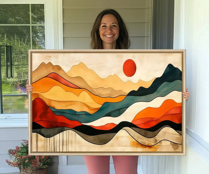 Abstract Mountain Wall Art Triptych with a Red Sun, ideal for a Mid-Century style space.