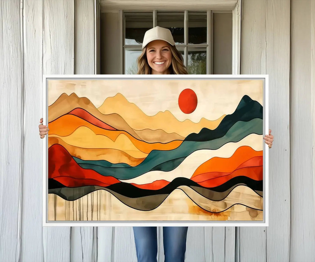 Abstract Mountain Wall Art Triptych with a Red Sun, ideal for a Mid-Century style space.