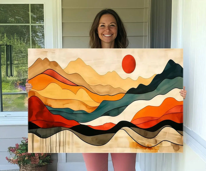 Abstract Mountain Wall Art Triptych with a Red Sun, ideal for a Mid-Century style space.