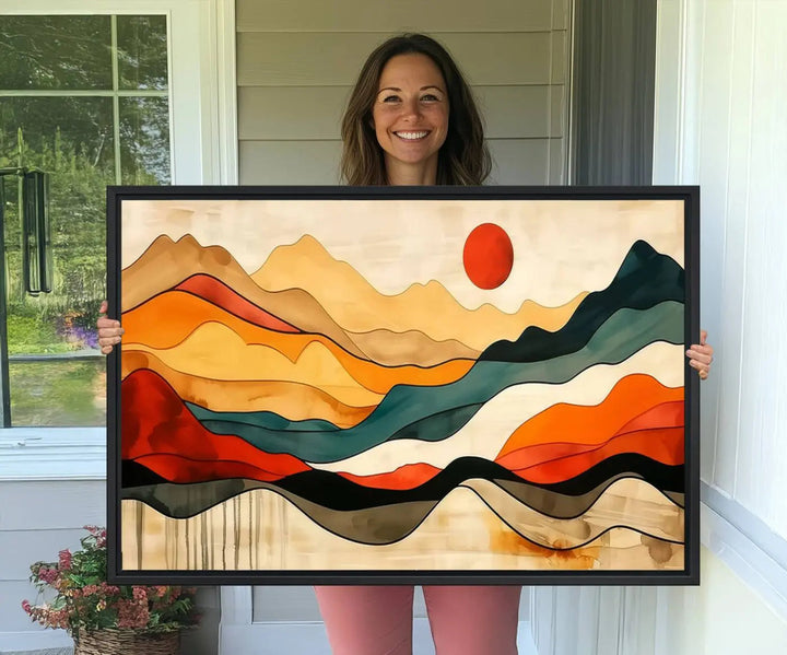 Abstract Mountain Wall Art Triptych with a Red Sun, ideal for a Mid-Century style space.