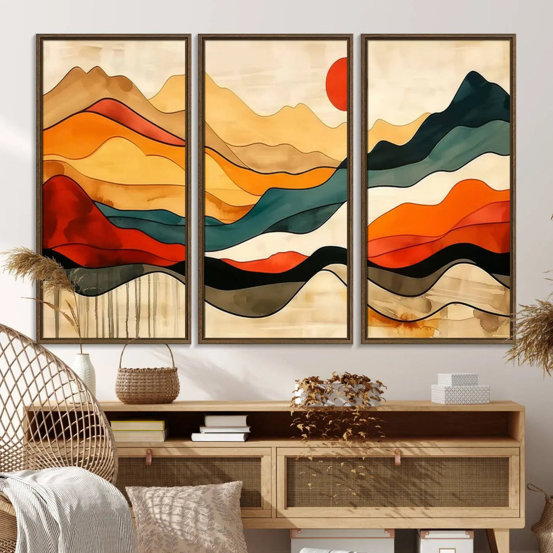 Abstract Mountain Wall Art Triptych with a Red Sun, ideal for a Mid-Century style space.