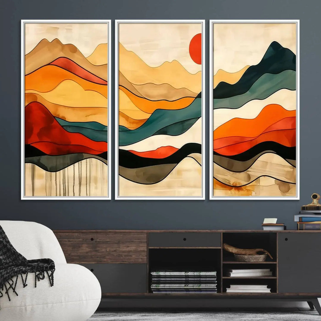 Abstract Mountain Wall Art Triptych with a Red Sun, ideal for a Mid-Century style space.