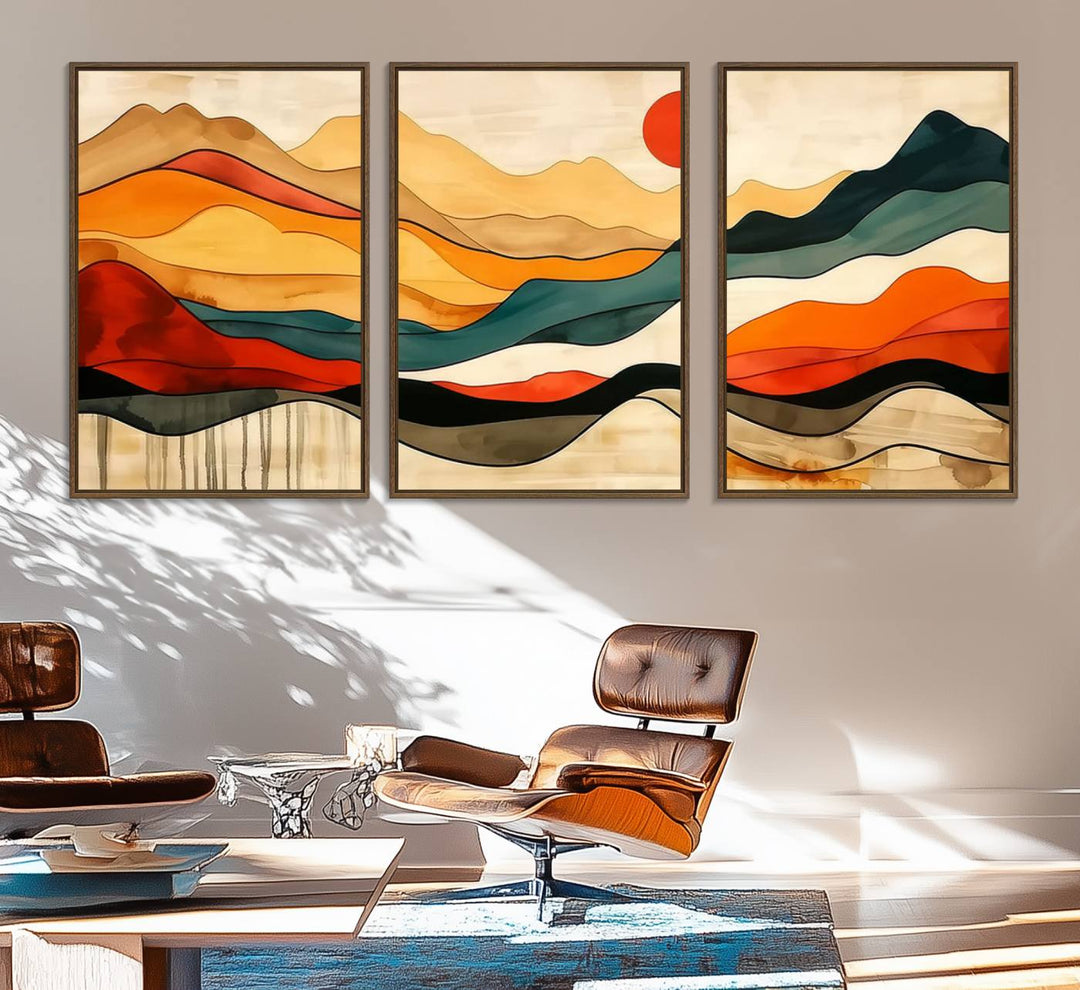 Abstract Mountain Wall Art Triptych with a Red Sun, ideal for a Mid-Century style space.