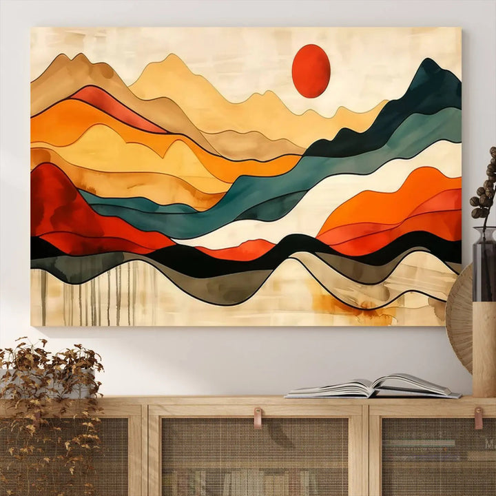 Abstract Mountain Wall Art Triptych with a Red Sun, ideal for a Mid-Century style space.