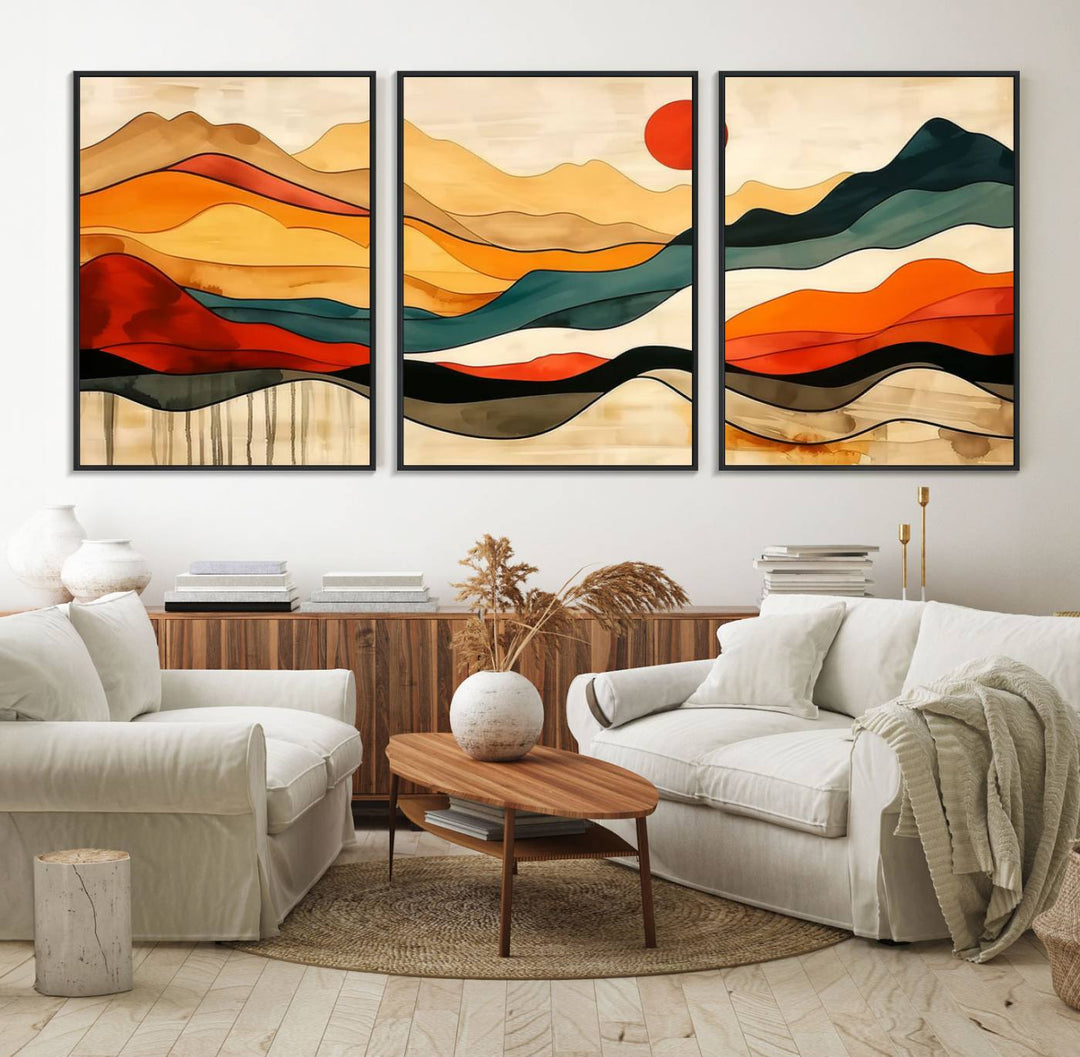 Abstract Mountain Wall Art Triptych with a Red Sun, ideal for a Mid-Century style space.