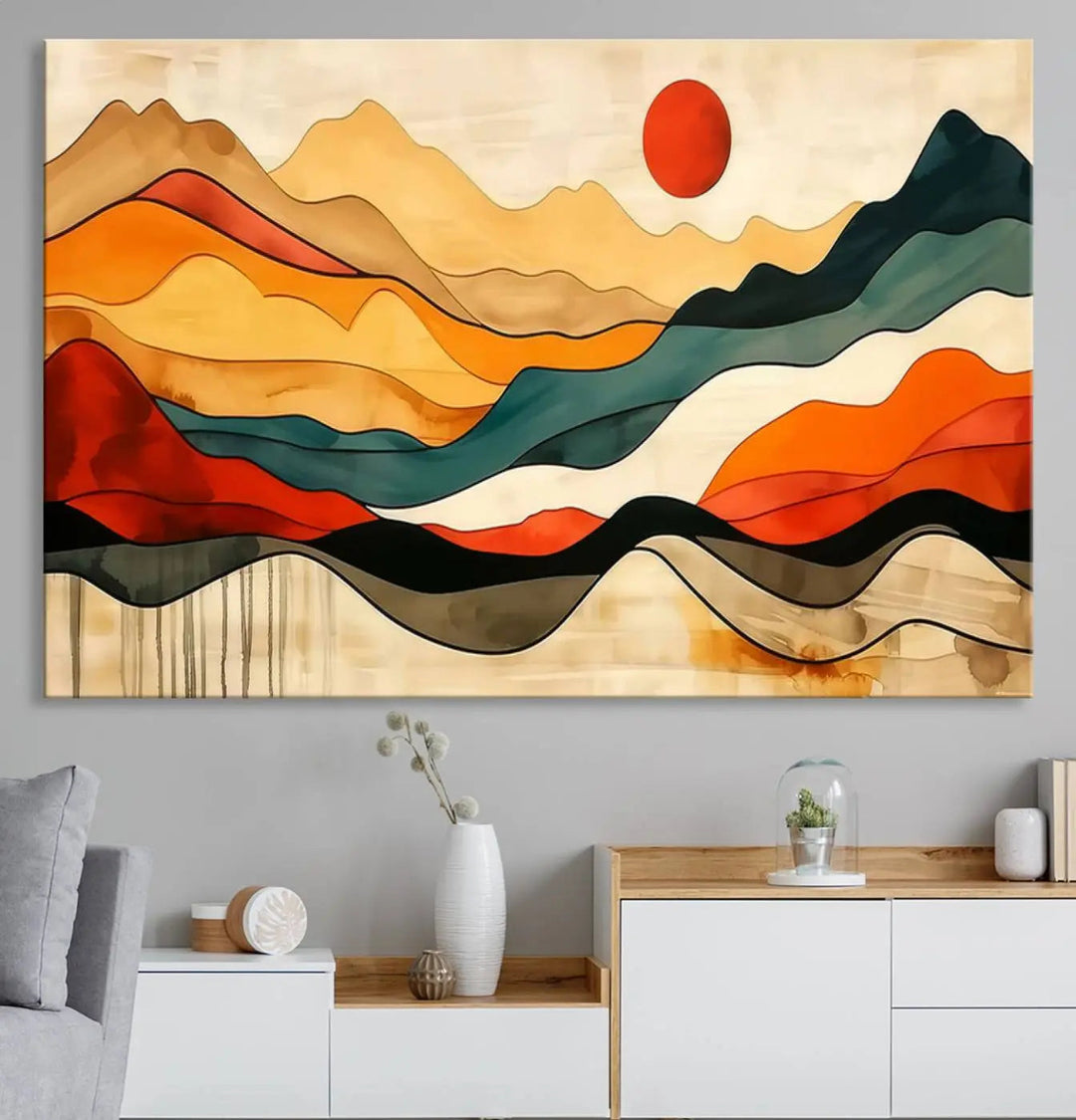 Abstract Mountain Wall Art Triptych with a Red Sun, ideal for a Mid-Century style space.