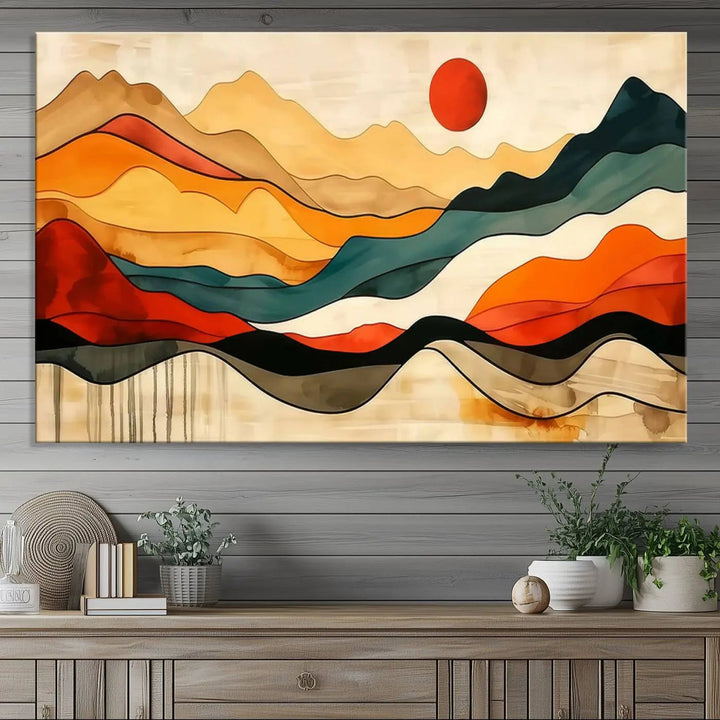 Abstract Mountain Wall Art Triptych with a Red Sun, ideal for a Mid-Century style space.