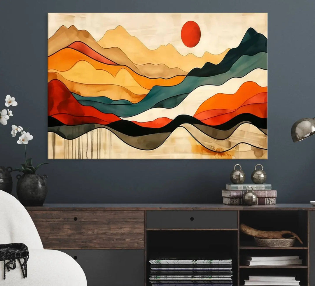 Abstract Mountain Wall Art Triptych with a Red Sun, ideal for a Mid-Century style space.