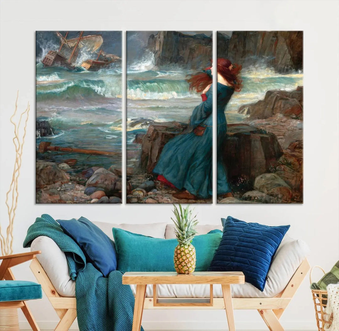 The "Miranda by the Shore Wall Art Canvas Print – Tempest Scene Ocean Storm – Ready to Hang" portrays a woman gazing out at the sea, invoking themes from Shakespeare's "The Tempest," with a shipwreck in the distance.