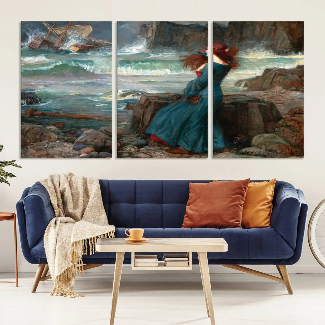 The "Miranda by the Shore Wall Art Canvas Print – Tempest Scene Ocean Storm – Ready to Hang" portrays a woman gazing out at the sea, invoking themes from Shakespeare's "The Tempest," with a shipwreck in the distance.