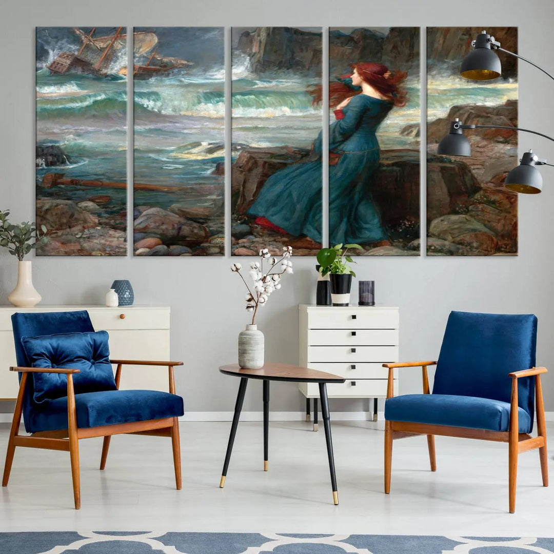 The "Miranda by the Shore Wall Art Canvas Print – Tempest Scene Ocean Storm – Ready to Hang" portrays a woman gazing out at the sea, invoking themes from Shakespeare's "The Tempest," with a shipwreck in the distance.