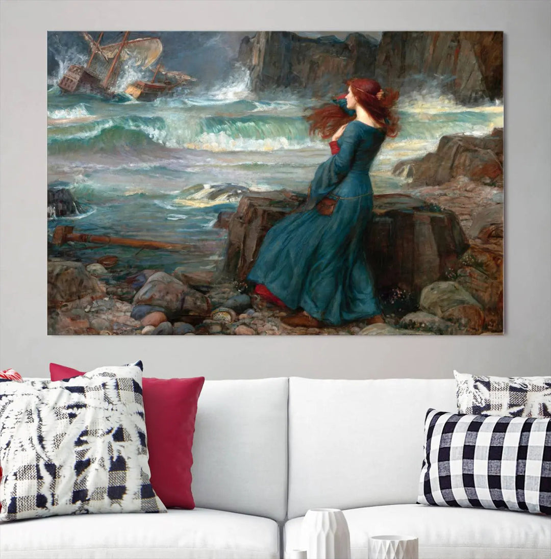 The "Miranda by the Shore Wall Art Canvas Print – Tempest Scene Ocean Storm – Ready to Hang" portrays a woman gazing out at the sea, invoking themes from Shakespeare's "The Tempest," with a shipwreck in the distance.