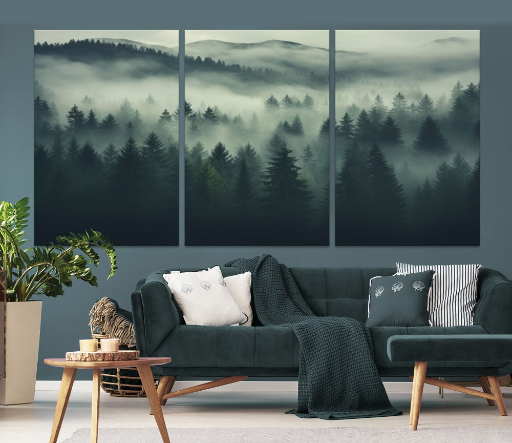 The "Misty Forest Wall Art Premium Canvas Print," depicting a foggy and serene atmosphere, is printed on museum-quality canvas with a gallery-wrapped finish and UV-protective coating, contributing an elegant touch to the space.