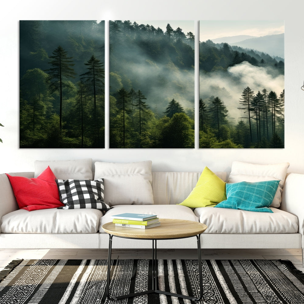 The "Misty Forest Wall Art Premium Canvas Print" enhances the tranquil ambiance of the living room with its portrayal of a foggy and serene atmosphere.