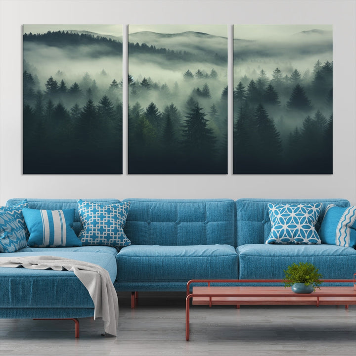 The "Misty Forest Wall Art Premium Canvas Print," depicting a foggy and serene atmosphere, is printed on museum-quality canvas with a gallery-wrapped finish and UV-protective coating, contributing an elegant touch to the space.