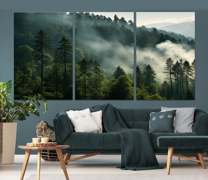 The "Misty Forest Wall Art Premium Canvas Print" enhances the tranquil ambiance of the living room with its portrayal of a foggy and serene atmosphere.