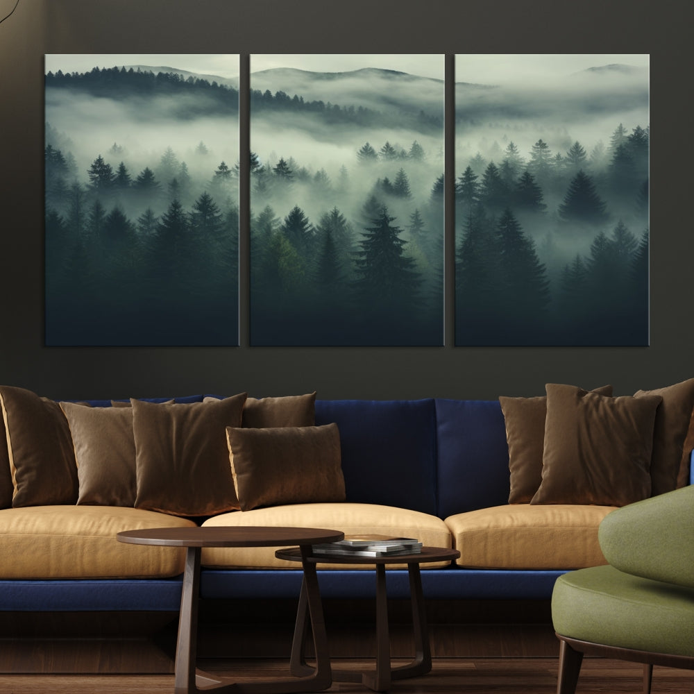 The "Misty Forest Wall Art Premium Canvas Print," depicting a foggy and serene atmosphere, is printed on museum-quality canvas with a gallery-wrapped finish and UV-protective coating, contributing an elegant touch to the space.