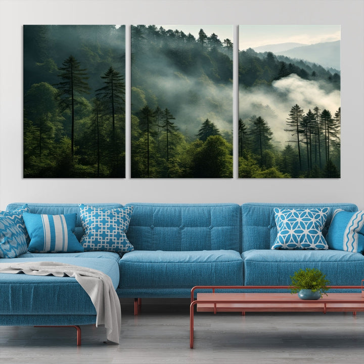 The "Misty Forest Wall Art Premium Canvas Print" enhances the tranquil ambiance of the living room with its portrayal of a foggy and serene atmosphere.