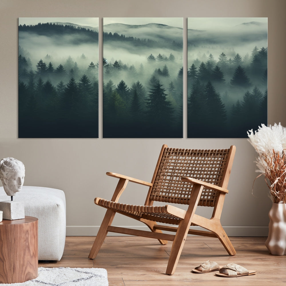 The "Misty Forest Wall Art Premium Canvas Print," depicting a foggy and serene atmosphere, is printed on museum-quality canvas with a gallery-wrapped finish and UV-protective coating, contributing an elegant touch to the space.