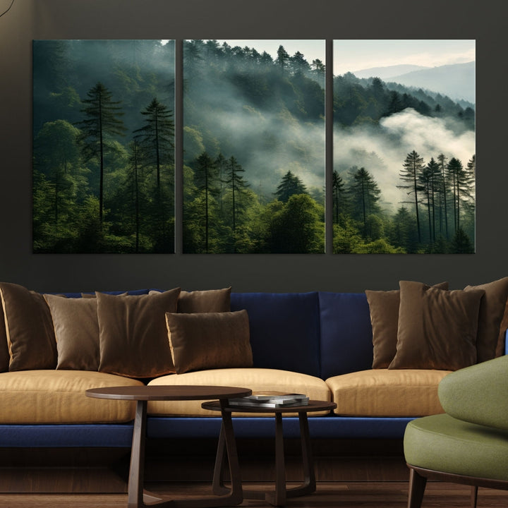 The "Misty Forest Wall Art Premium Canvas Print" enhances the tranquil ambiance of the living room with its portrayal of a foggy and serene atmosphere.