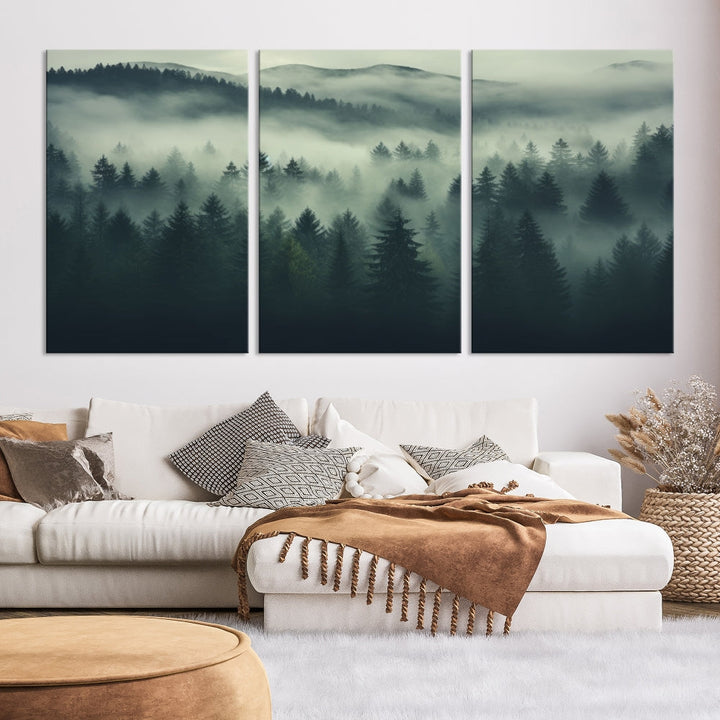 The "Misty Forest Wall Art Premium Canvas Print," depicting a foggy and serene atmosphere, is printed on museum-quality canvas with a gallery-wrapped finish and UV-protective coating, contributing an elegant touch to the space.