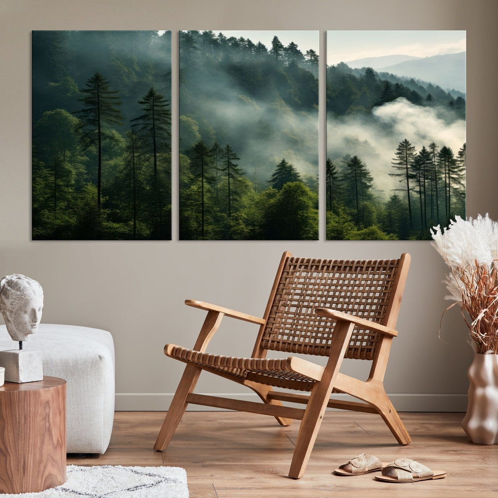 The "Misty Forest Wall Art Premium Canvas Print" enhances the tranquil ambiance of the living room with its portrayal of a foggy and serene atmosphere.