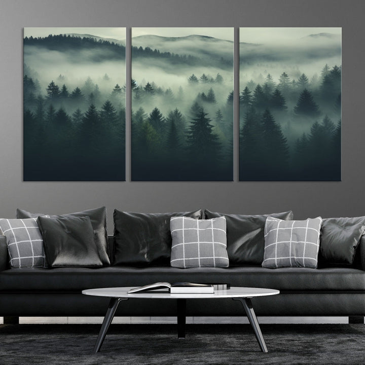 The "Misty Forest Wall Art Premium Canvas Print," depicting a foggy and serene atmosphere, is printed on museum-quality canvas with a gallery-wrapped finish and UV-protective coating, contributing an elegant touch to the space.