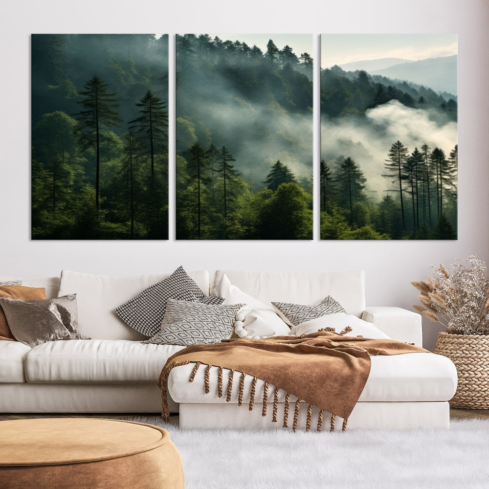 The "Misty Forest Wall Art Premium Canvas Print" enhances the tranquil ambiance of the living room with its portrayal of a foggy and serene atmosphere.