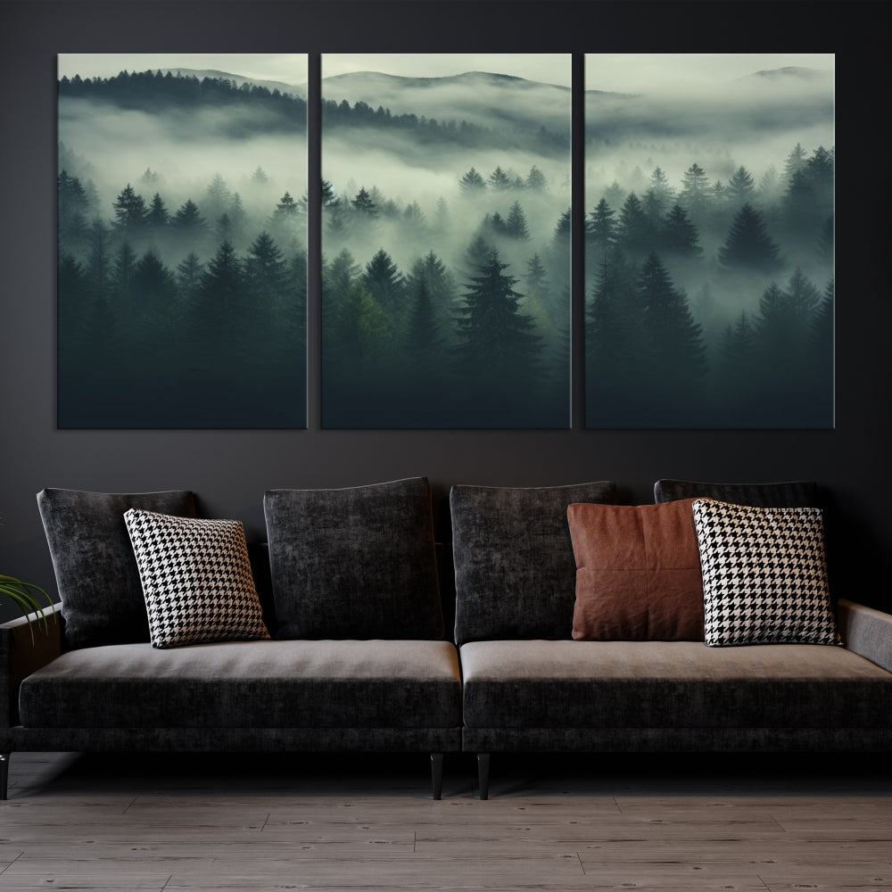 The "Misty Forest Wall Art Premium Canvas Print," depicting a foggy and serene atmosphere, is printed on museum-quality canvas with a gallery-wrapped finish and UV-protective coating, contributing an elegant touch to the space.