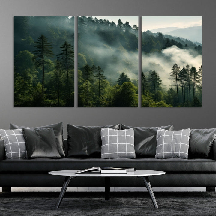 The "Misty Forest Wall Art Premium Canvas Print" enhances the tranquil ambiance of the living room with its portrayal of a foggy and serene atmosphere.