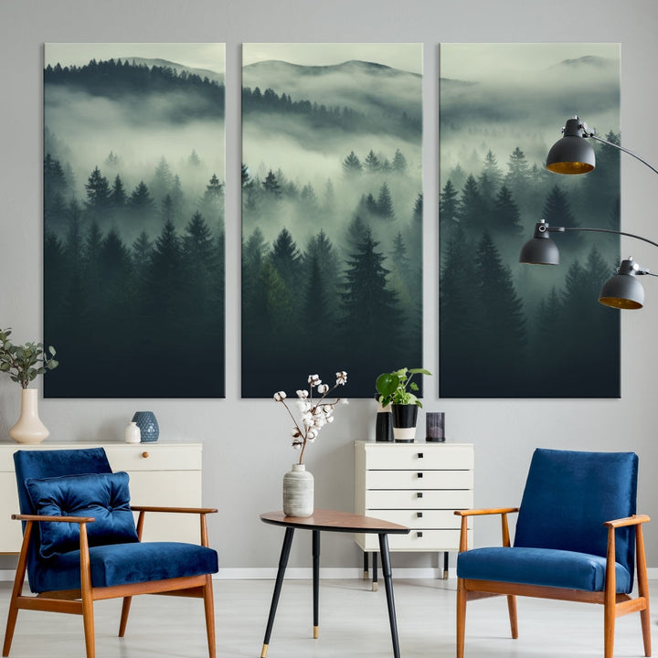 The "Misty Forest Wall Art Premium Canvas Print," depicting a foggy and serene atmosphere, is printed on museum-quality canvas with a gallery-wrapped finish and UV-protective coating, contributing an elegant touch to the space.