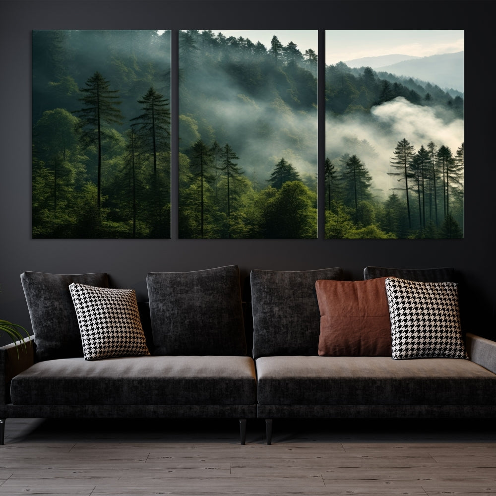 The "Misty Forest Wall Art Premium Canvas Print" enhances the tranquil ambiance of the living room with its portrayal of a foggy and serene atmosphere.