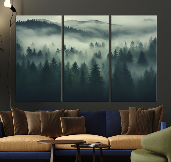 The "Misty Forest Wall Art Premium Canvas Print," depicting a foggy and serene atmosphere, is printed on museum-quality canvas with a gallery-wrapped finish and UV-protective coating, contributing an elegant touch to the space.