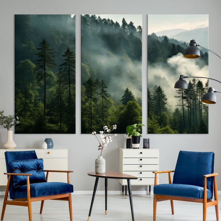 The "Misty Forest Wall Art Premium Canvas Print" enhances the tranquil ambiance of the living room with its portrayal of a foggy and serene atmosphere.