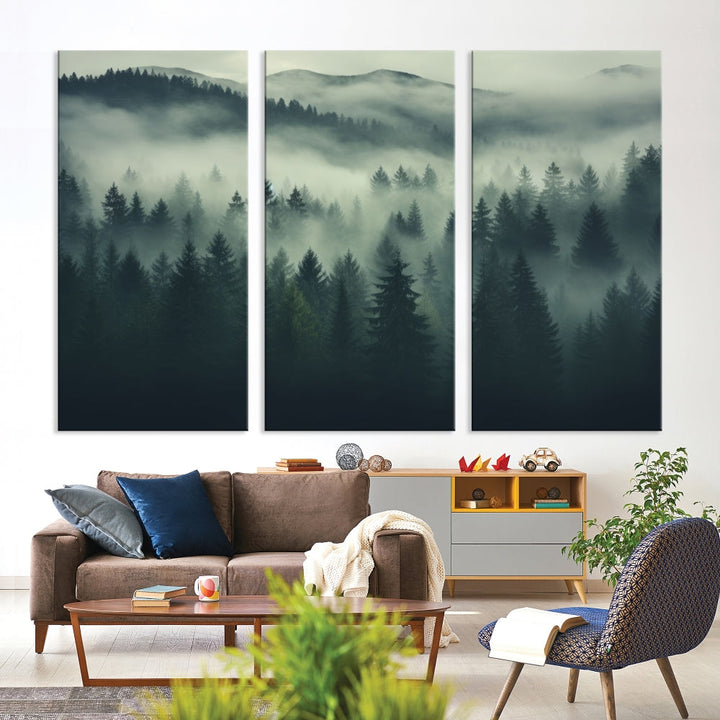 The "Misty Forest Wall Art Premium Canvas Print," depicting a foggy and serene atmosphere, is printed on museum-quality canvas with a gallery-wrapped finish and UV-protective coating, contributing an elegant touch to the space.