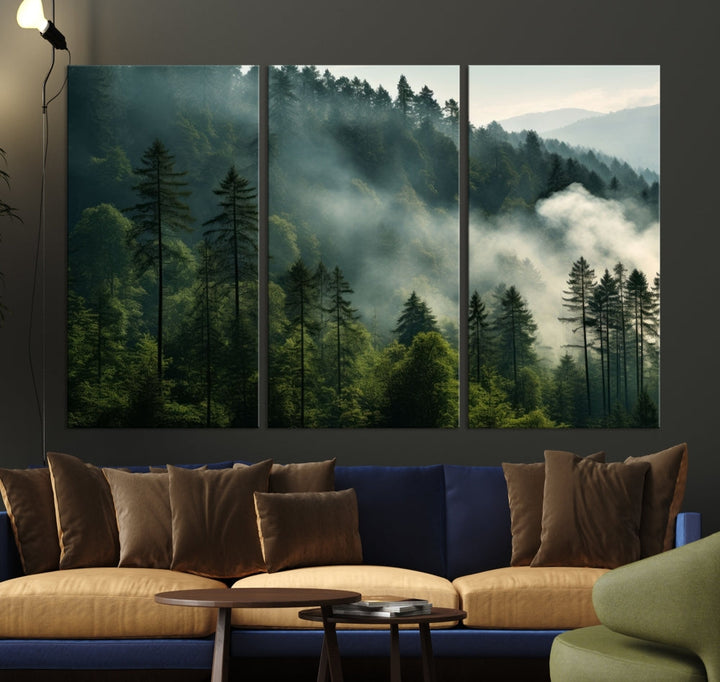 The "Misty Forest Wall Art Premium Canvas Print" enhances the tranquil ambiance of the living room with its portrayal of a foggy and serene atmosphere.