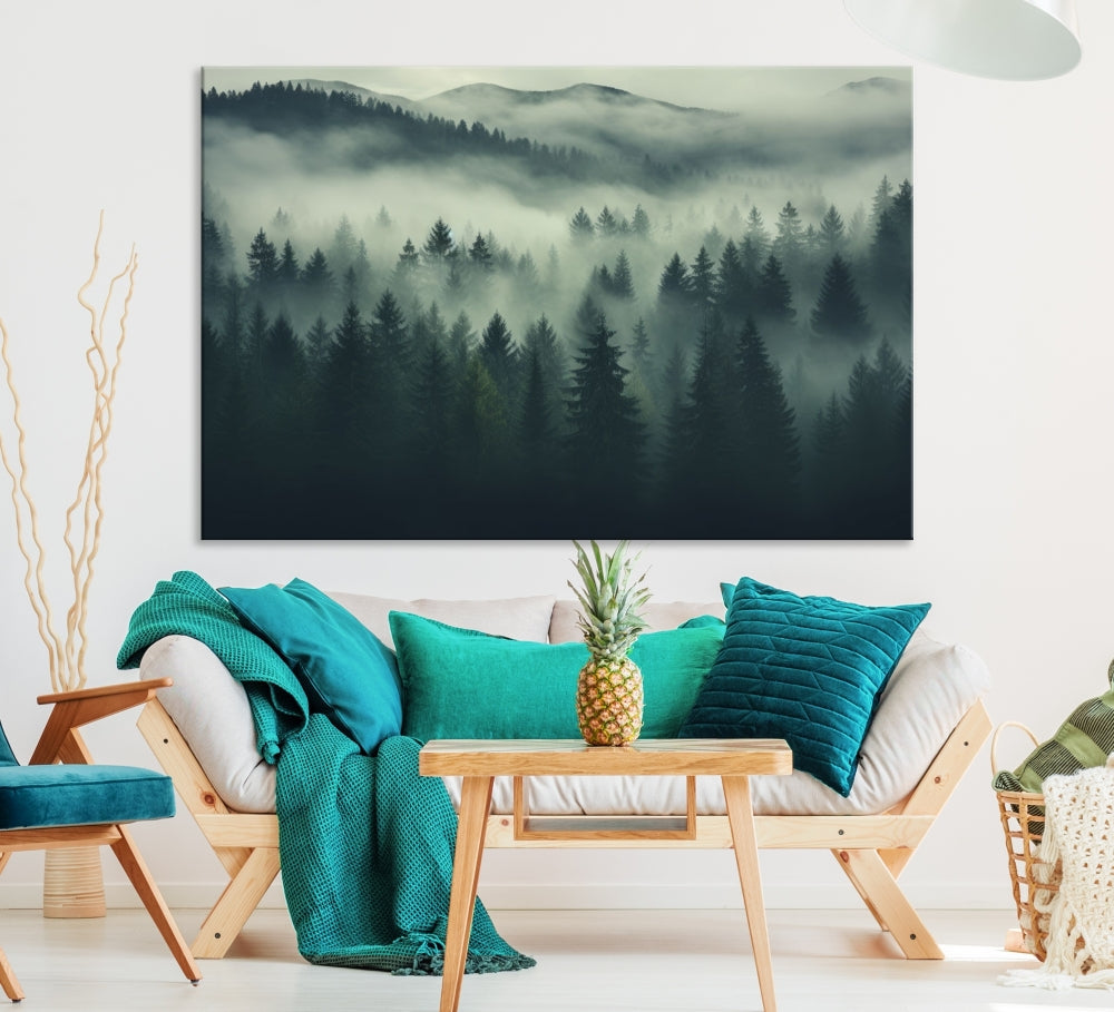 The "Misty Forest Wall Art Premium Canvas Print," depicting a foggy and serene atmosphere, is printed on museum-quality canvas with a gallery-wrapped finish and UV-protective coating, contributing an elegant touch to the space.