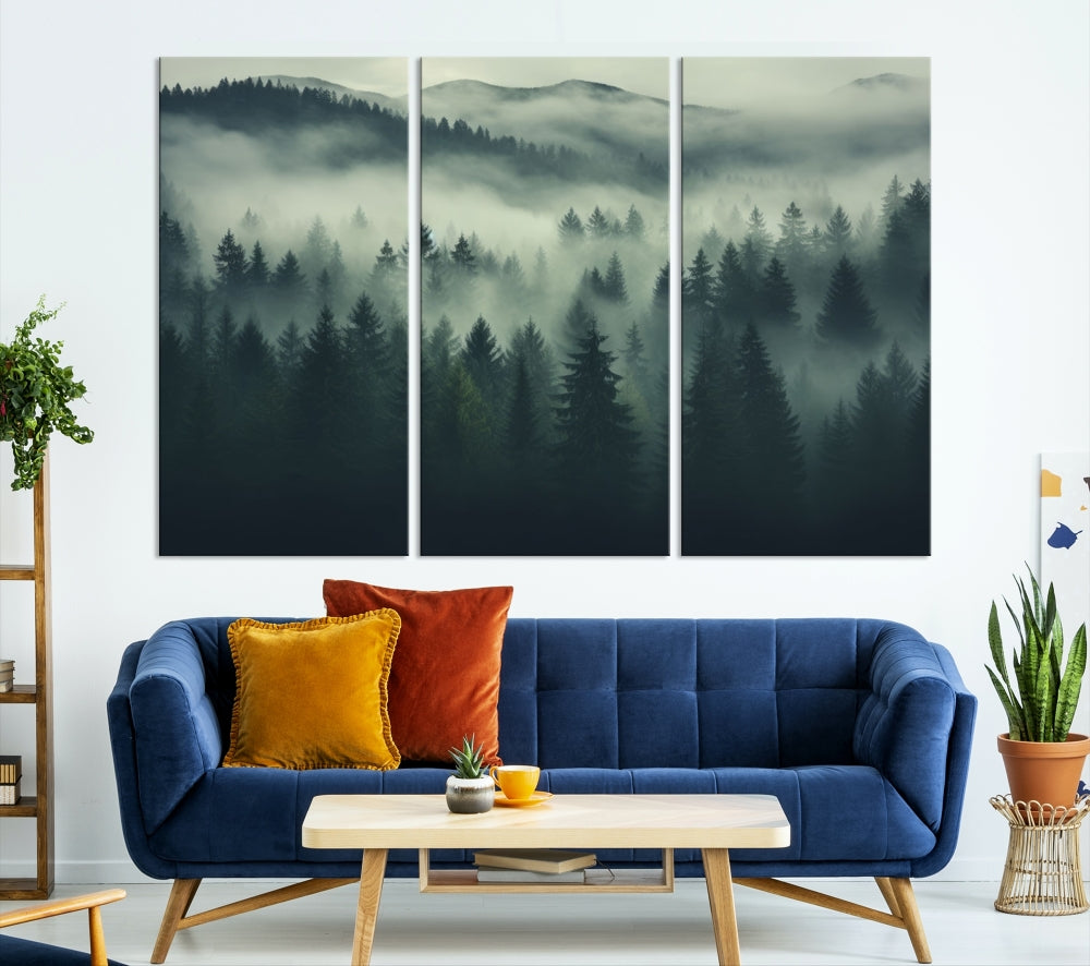 The "Misty Forest Wall Art Premium Canvas Print," depicting a foggy and serene atmosphere, is printed on museum-quality canvas with a gallery-wrapped finish and UV-protective coating, contributing an elegant touch to the space.