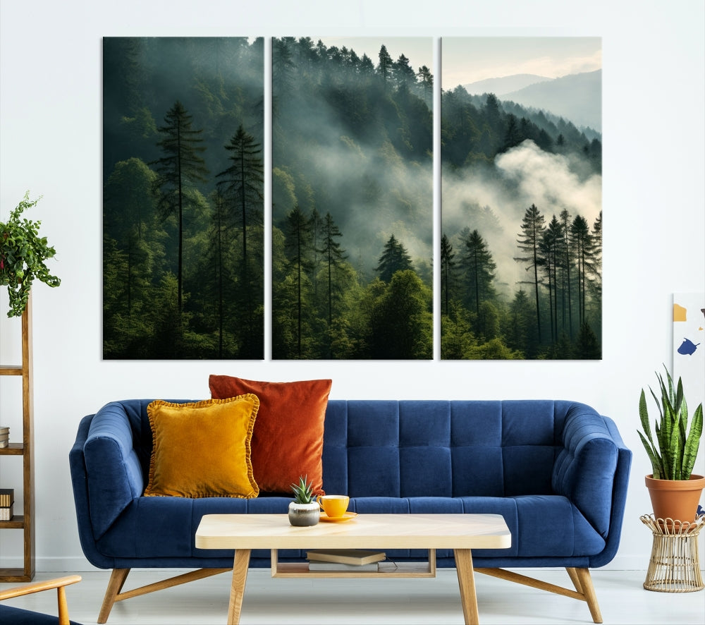 The "Misty Forest Wall Art Premium Canvas Print" enhances the tranquil ambiance of the living room with its portrayal of a foggy and serene atmosphere.